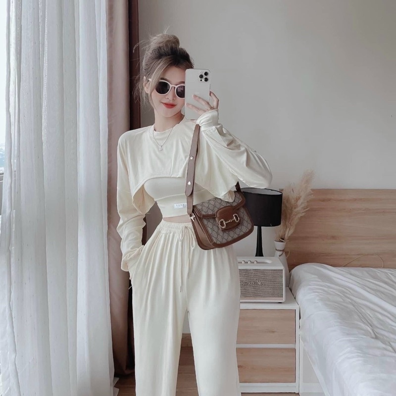 Sét bộ thời trang nữ mặc đi chất cotton xịn vải shop áo crotop tay dài mix quần dài suông