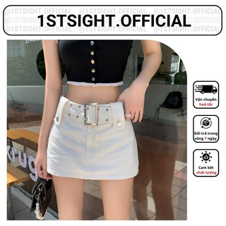 Chân váy jeans ngắn chân váy bò chữ a cạp cao kèm đai