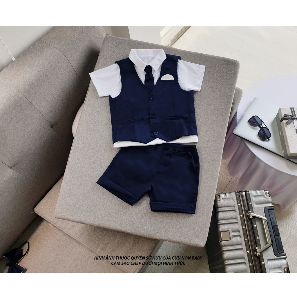 Bộ Vest Ghile Bé Trai Công Tử Bạc Liêu Sang Chảnh + Tặng kèm áo thun cổ sơ mi  - Xanh