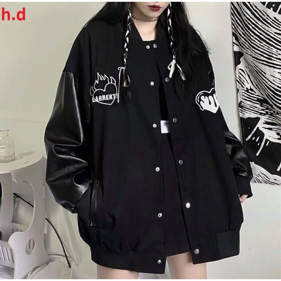 Áo Khoác Bomber Unisex Form Rộng , Áo Khoác Nỉ Tay Da Họa Tiết Trái Tim Dáng Đẹp