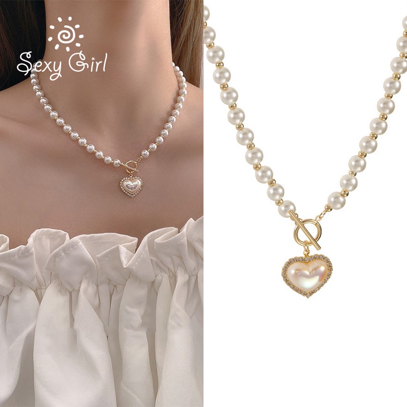 Vòng Cổ Dây Xích Mặt Hình Trái Tim Phối Ngọc Trai Thời Trang Hàn Quốc Dành Cho Nữ