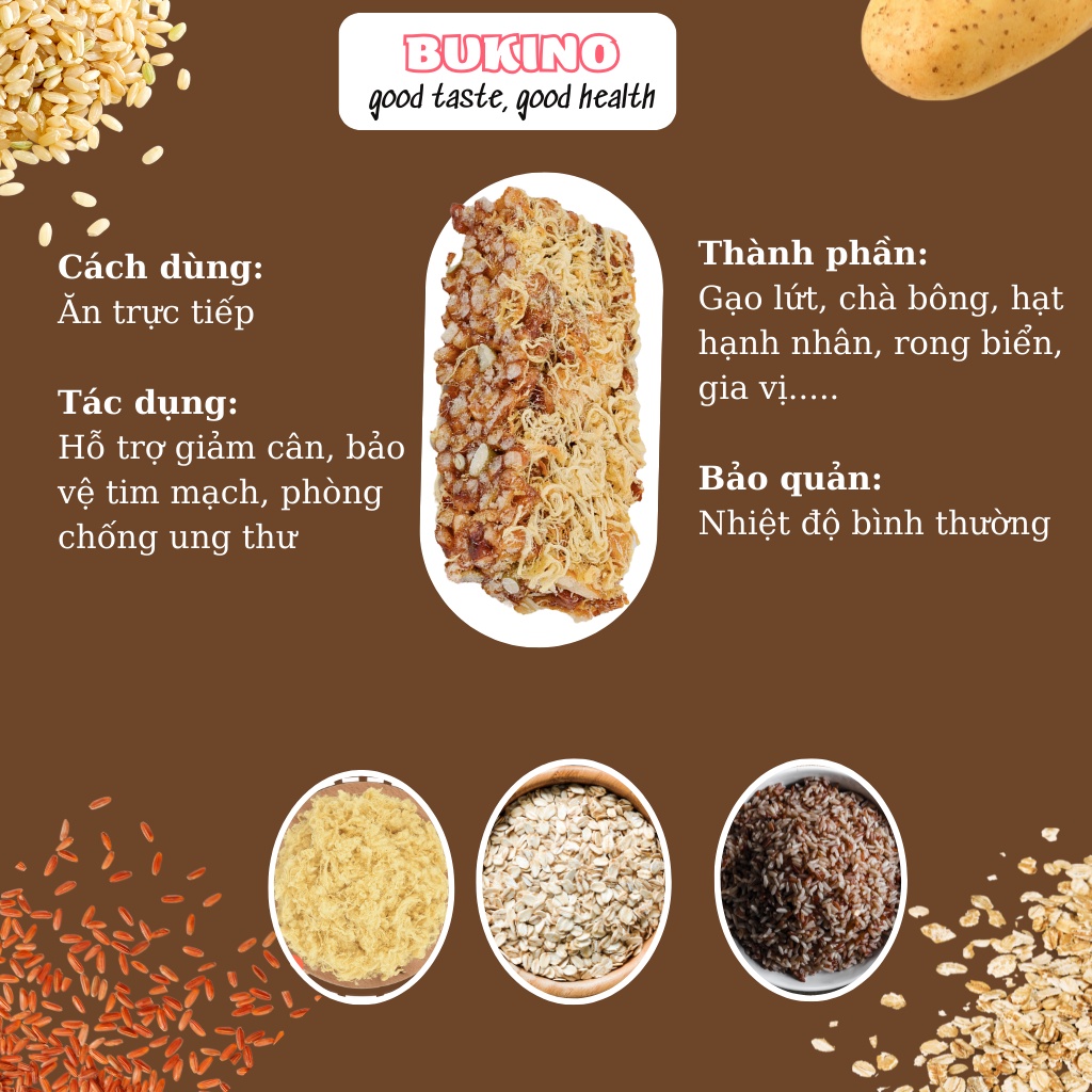 Thanh cơm gạo lứt ngũ cốc chà bông BUKINO hộp 300gr, thanh gạo lứt giảm cân ngon rẻ Hà Nội, ship hỏa tốc