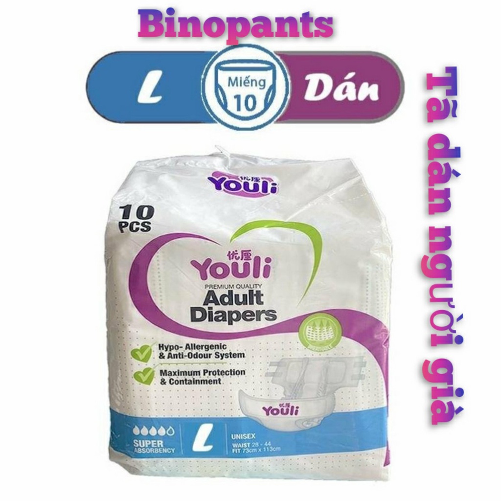 Tã dán người lớn YOULI size M10 (70-100cm) , L10 ( 100-139cm ) , XL10 ( 125-165cm )