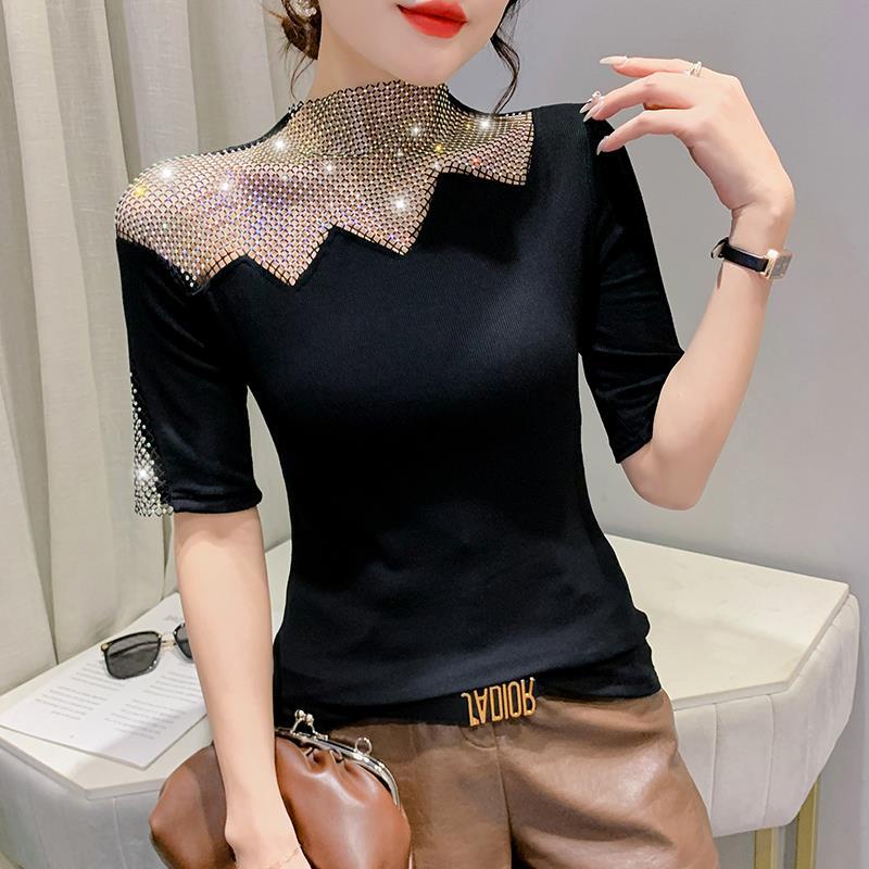 Áo Thun Lưới Tay Ngắn Đính Đá Phong Cách Mới Cho Nữ áo lưới tay ngắn áo kiểu trễ vai