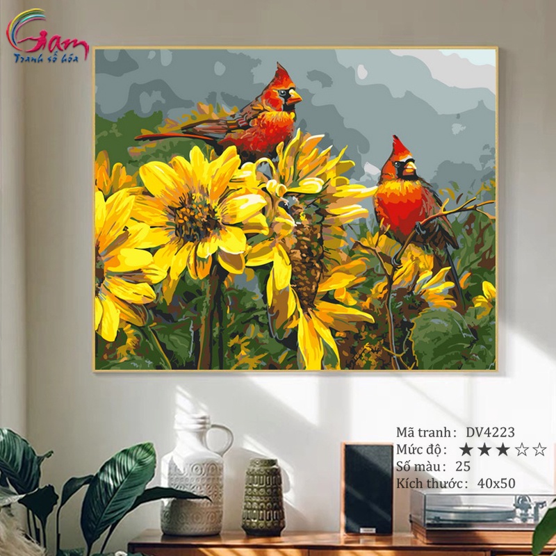 Tranh tô màu theo số đôi chim và hoa hướng dương có sẵn đã căng khung 40x50cm DV4223