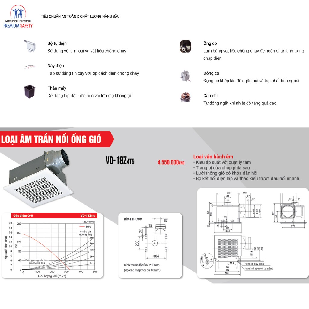 Quạt hút âm trần nối ống gió Mitsubishi VD-18Z4T5 31W Made in ThaiLand