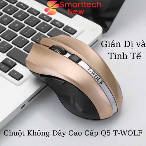 Chuột Không Dây Máy Tính, Chuột Bluetooth Q5 T-WOLF Kết Nối 2.4 GHZ 3 Màu Xám - Xanh - Đỏ 1200 DPI Cứng Cáp