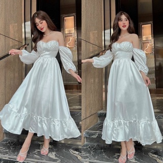 Đầm váy phi satin trắng dài xoè nhẹ cúp ngực hở/bẹt/trễ/rớt vai, thời trang tiểu thư sang trọng quý phái đi chơi dự tiệc