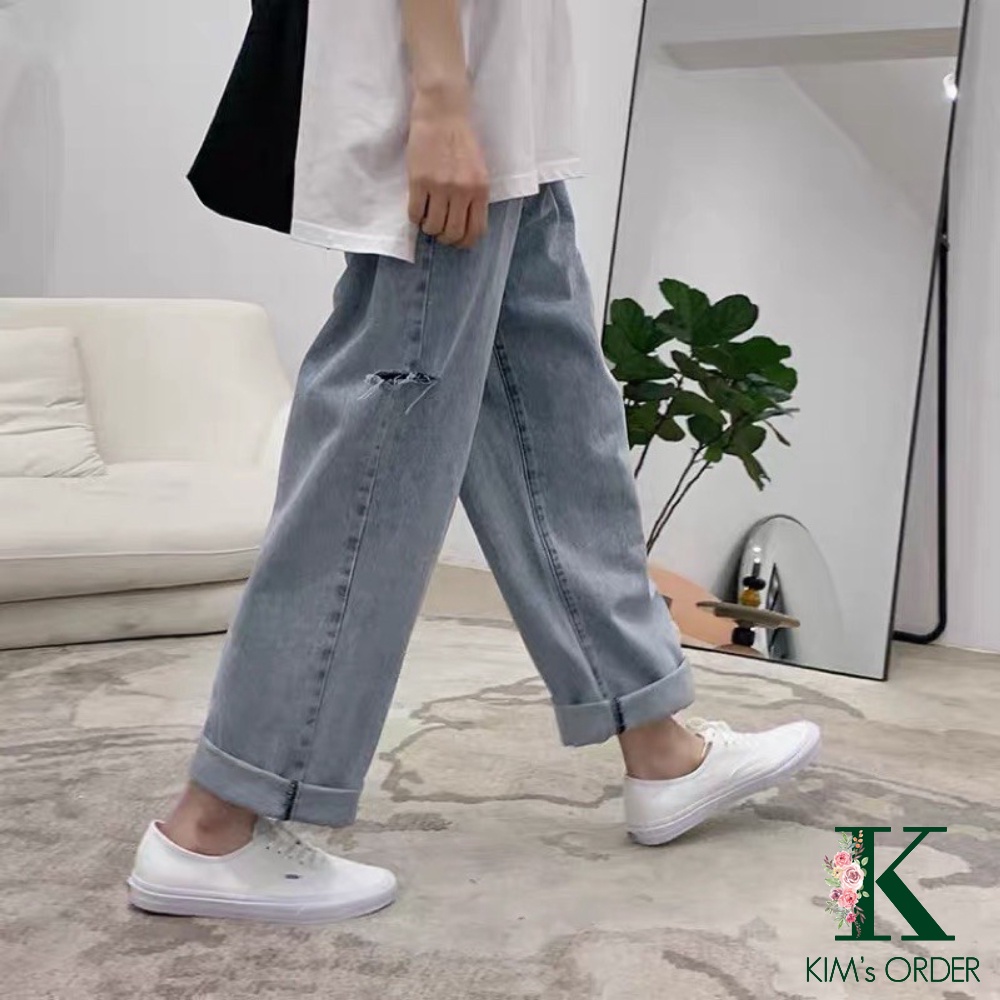 Quần jean suông rách ống nam nữ Unisex màu xanh nhạt cá tính cạp lưng cao ống phom rộng phong cách Ulzzang