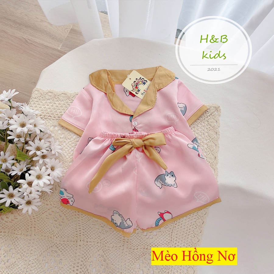 Bộ Mặc Nhà Pijama Lụa Phối Nơ Cao Cấp Tay Cộc Cho Bé Gái - Chất Liệu Lụa mềm Mịn Thoáng Mát