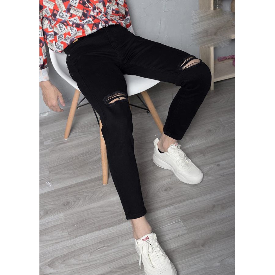 Quần Jeans Nam Đen Dáng Ôm Rách Gối Trẻ Trung | BigBuy360 - bigbuy360.vn