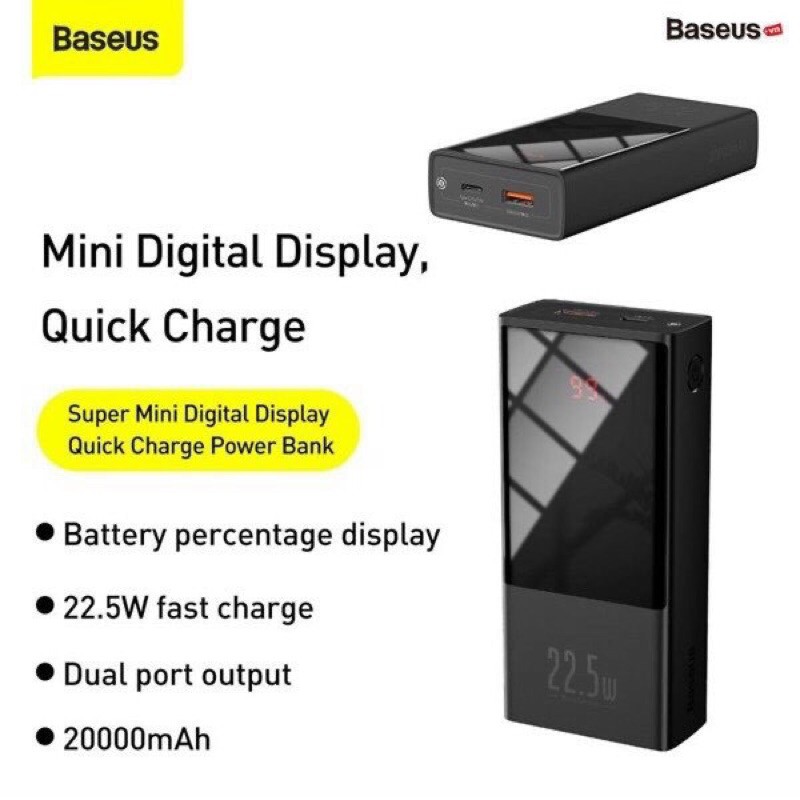 Pin sạc dự phòng 20000mAh PPMI01 baseus 22.5W có màn hình kỹ thuật số hiển thị pin sạc