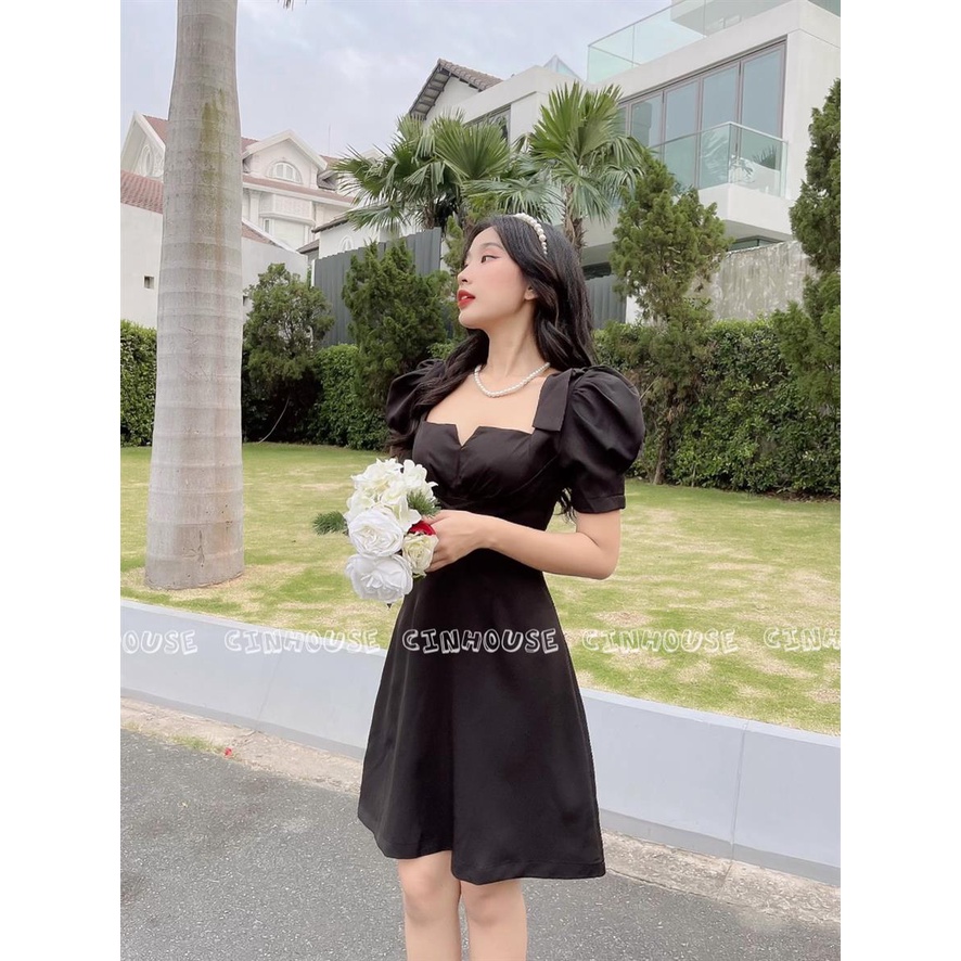 Đầm cổ vuông Mery 0102 phối tay phồng nơ vai trẻ trung CIN HOUSE