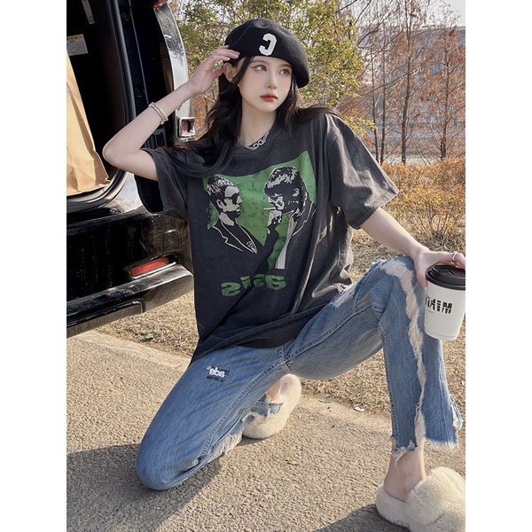 Áo Thun Ngắn Tay Cổ Tròn Dáng Rộng Thời Trang Retro Mỹ Cá Tính Cho Nữ