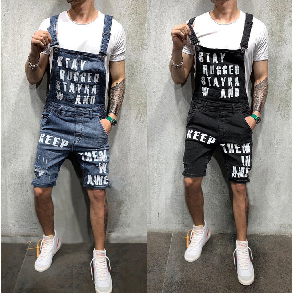 Hot sale ☛Mens Letter Pocket Jeans Overall Jumpsuit  Streetwear  Overall Suspender Pants