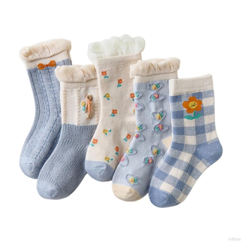 Set 5 đôi vớ cotton mềm mại thoáng khí in họa tiết hoa xinh xắn dễ thương cho bé gái