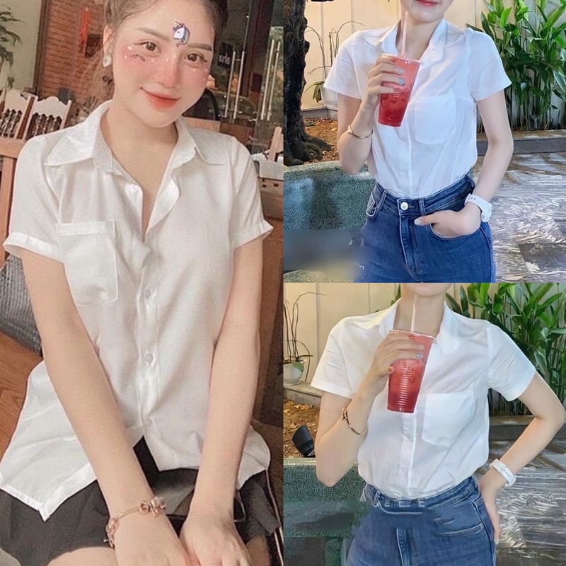 [Ảnh thật/Video]ÁO SƠ MI NỮ TRẮNG PURATO NGẮN TAY CÓ TÚI HOTTREND MÀU TRẮNG Áo sơ mi trắng dáng vừa