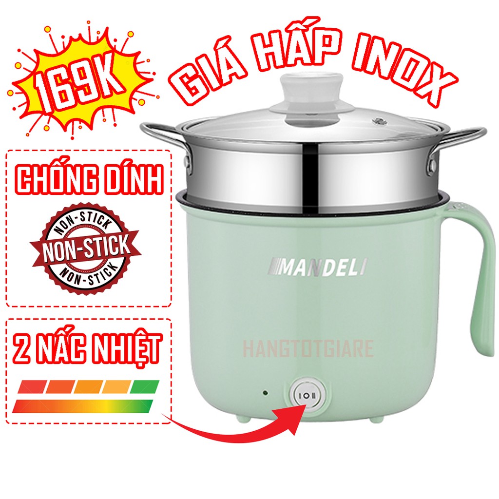 Ca Nấu Mì,Nồi Lẩu Điện Mini Cầm Tay 2 NẤC NHIỆT Mandeli Nấu Cơm Đa Năng 1,8L + Tặng Kèm Giá Hấp INOX