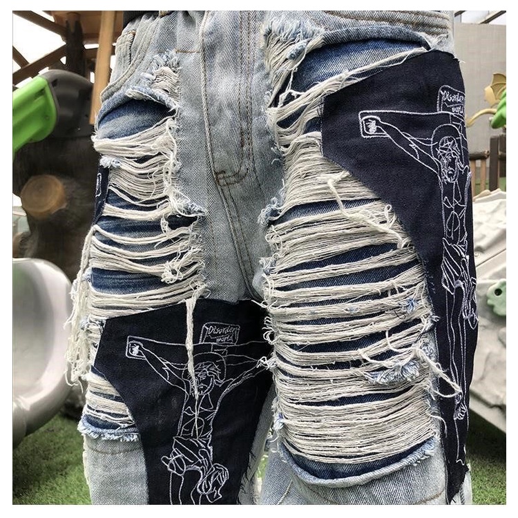 Quần Jeans ông rộng rách lưa tưa phối hoa tiết vá phong cách đường phố, Quần Jeans hiphop oversize Streetwear