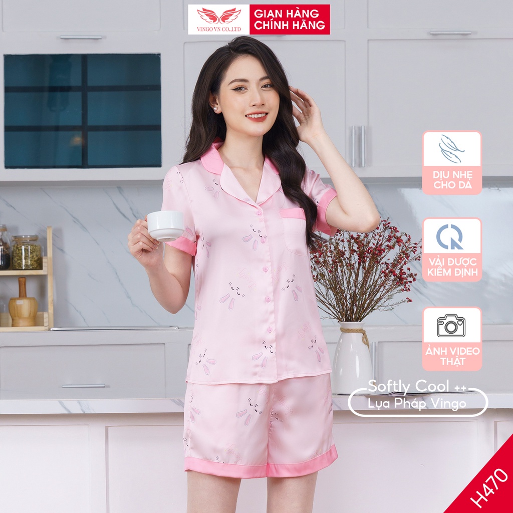 Đồ Bộ Nữ Pijama Mặc Nhà VINGO Chất Liệu Lụa Pháp Cao Cấp Tay Cộc Quần Cộc Thỏ Ngọc Màu Hồng Xuân Hè H470 VNGO