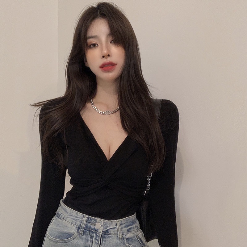 QKOOLE  Áo Thun Dệt Kim Tay Dài Cổ Chữ V Dáng Ôm Phong Cách Hàn Quốc Dành Cho Nữ