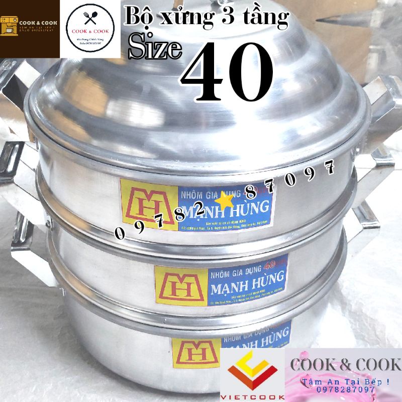 [FREESHIP 0Đ TOÀN QUỐC] Bộ xửng hấp 3 tầng size 40 3 tầng nhôm Mạnh Hùng chuyên hấp bánh bao, hải sản, xôi có kèm đun từ