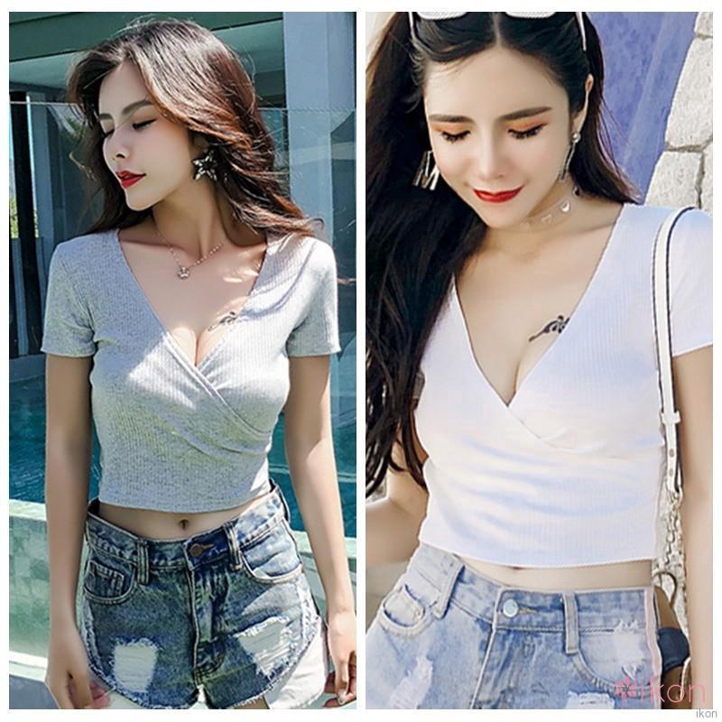 Áo thun gân croptop tay ngắn cổ V quyến rũ cho nữ