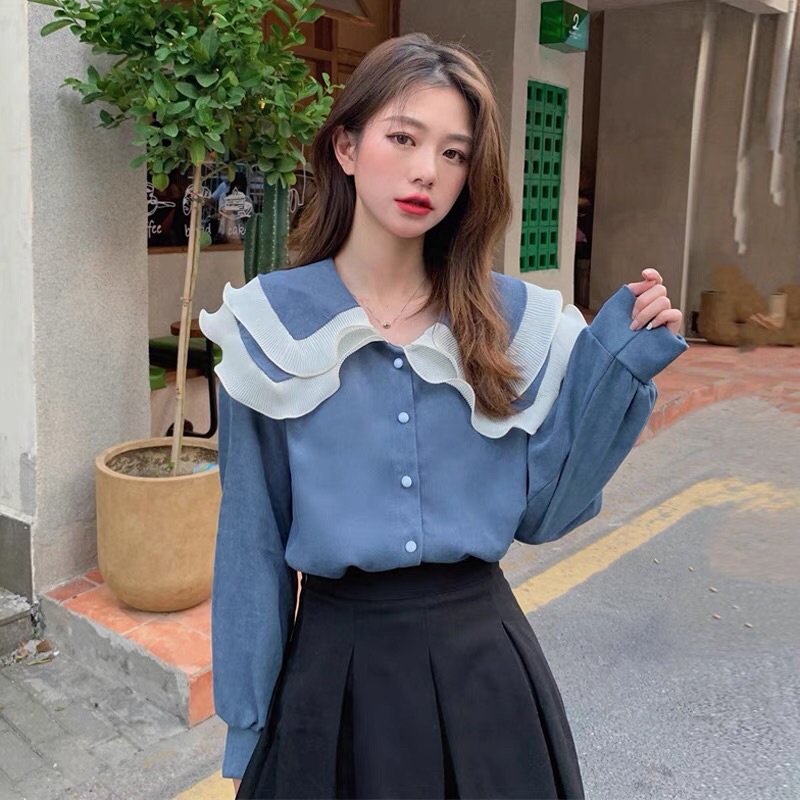 Áo sơmi nữ cổ bèo viền ren nữ tính vải cao cấp dày phù hợp đầu thu đông❤️