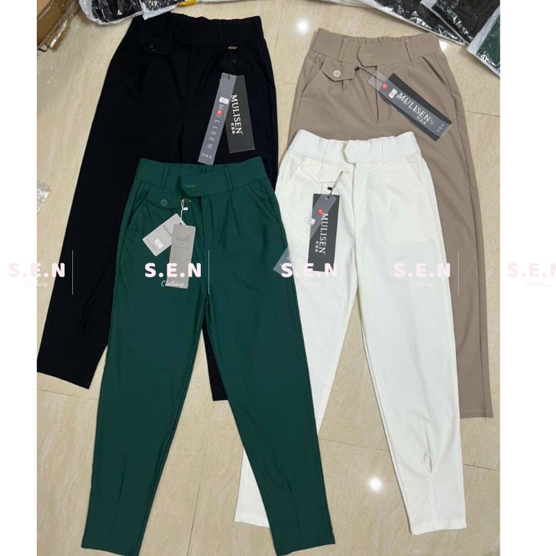 Quần baggy cạp cao chất xước giãn có chun sau.
