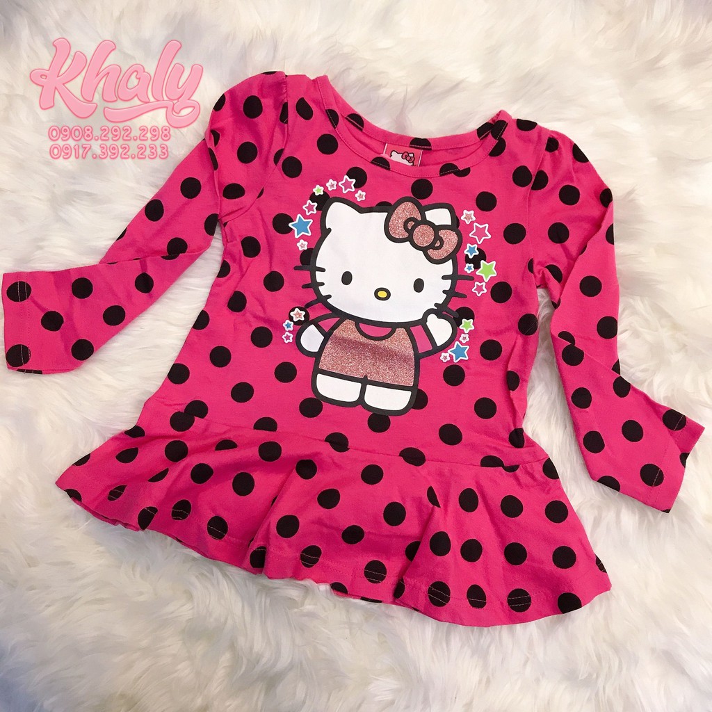 Áo tay dài trẻ em hình mèo Hello Kitty màu hồng đậm chấm bi đen cho bé gái 4 tuổi (Mỹ US-UK) - ATTDKT02