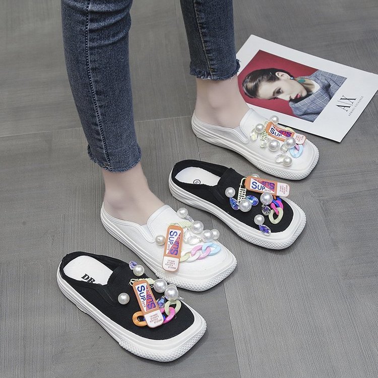 Dép Vải Canvas Đế Bằng Đính Ngọc Trai Dễ Thương | BigBuy360 - bigbuy360.vn