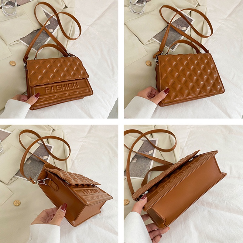 Túi đeo chéo hình vuông dập nổi họa tiết hình thoi đơn giản phong cách retro cho nữ