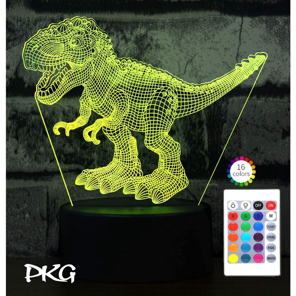 Đèn Ngủ Led 3D Hình KHỦNG LONG BẠO CHÚA T-REX Quà Tặng Trang Trí cảm ứng có Điều khiển từ xa nháy sáng 16 màu