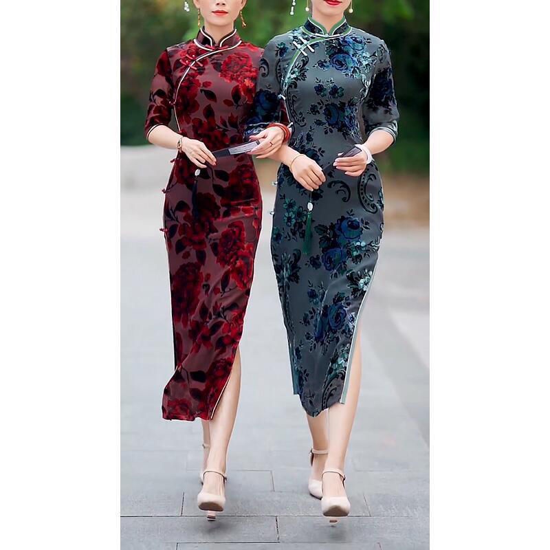 Đầm sườn xám dáng ôm dài trung bình thời trang thu đông 2021 thanh lịch cổ điển cho nữ