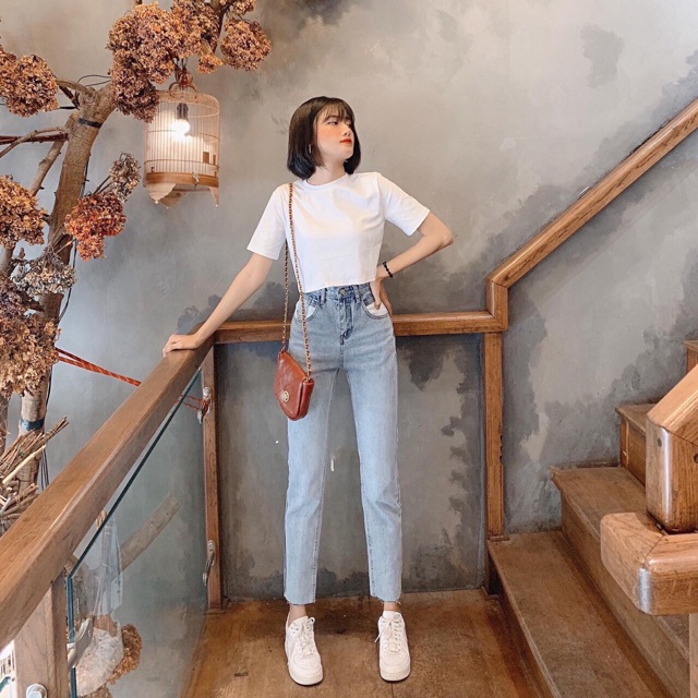 Quần jeans Boyfriend trơn pha túi (VNXK)