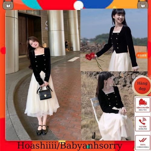[Hàng l1]Set áo nhung cổ vuông mix chân váy lưới xoè phong cách tiểu thư siêu xinh siêu xinh sẵn hàng