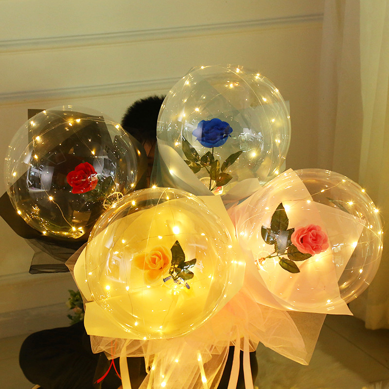 Romantic LED Bionic Rose Flower Bubble Balloon/ LED Luminous Rose Bouquet Light with Bobo Balloons/ DIY Birthday,Valentine's Day, Christmas, Romantic Gifts for Girlfriend Wife Women