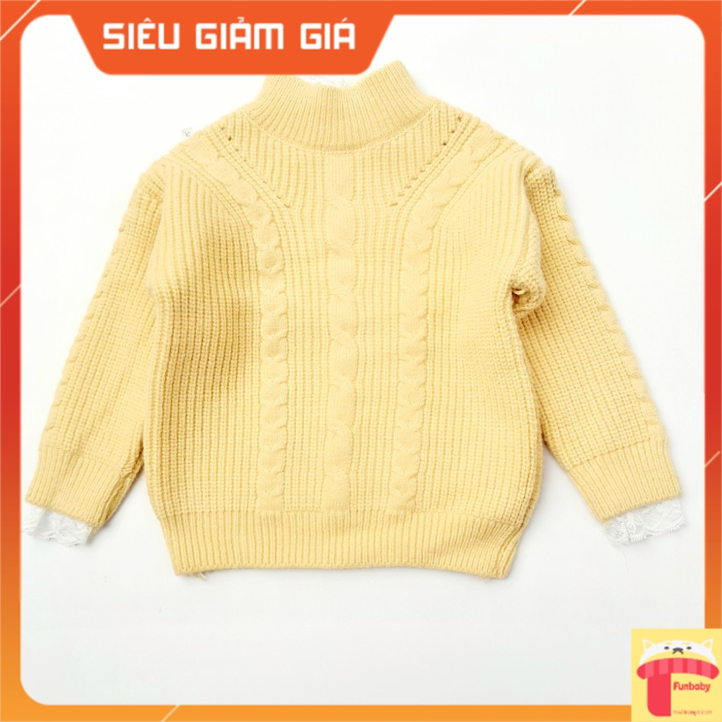 Áo len vặn thừng cho bé 3-8 tuổi tay và cổ phối ren. Áo len kiểu bé gái phong cách Hàn Quốc đanh sợi không bai xù