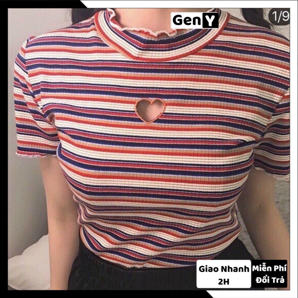 Áo Croptop Ngắn Tay Nữ GenY Khoét Tim Sọc Nhiều Màu Chất Thun Gân Co Giãn Tốt | BigBuy360 - bigbuy360.vn