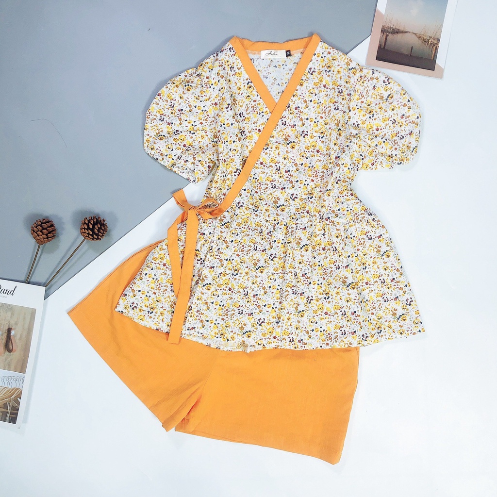 Bộ mặc nhà dáng kimono hoa nhí siêu cưng áo thô hoa mix quần đũi