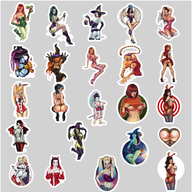 Combo sticker PHÙ THỦY SEXY nhựa PVC không thấm nước, dán nón bảo hiểm, laptop, điện thoại, Vali, xe