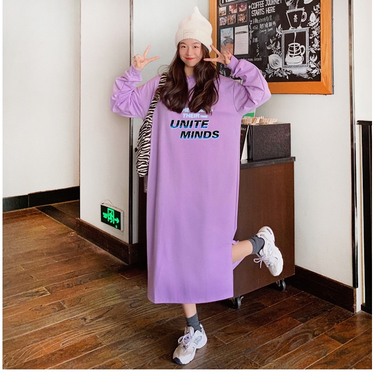 SUXI Đầm Hoodie Mỏng Cổ Tròn Dài Tay Dáng Rộng In Chữ Thời Trang Mùa Thu Năng Động