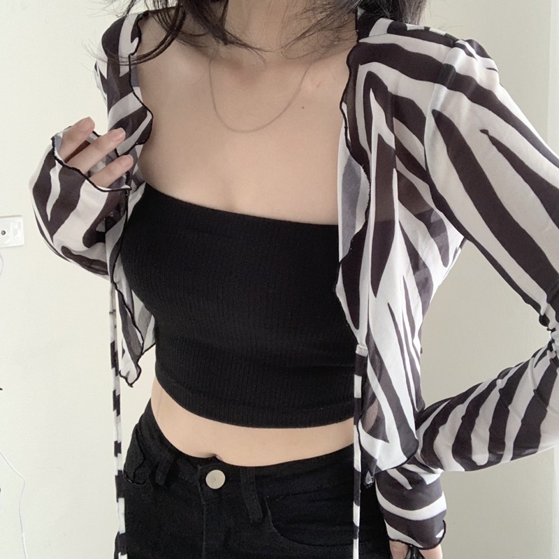 Áo Croptop Tay Dài, Áo Crt Khoác Lưới Co Giãn In Hoạ Tiết Freesize IRISVIEL
