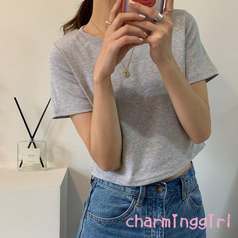 Áo Thun Croptop Tay Ngắn Cổ Tròn Màu Sắc Đơn Giản Dành Cho Nữ
