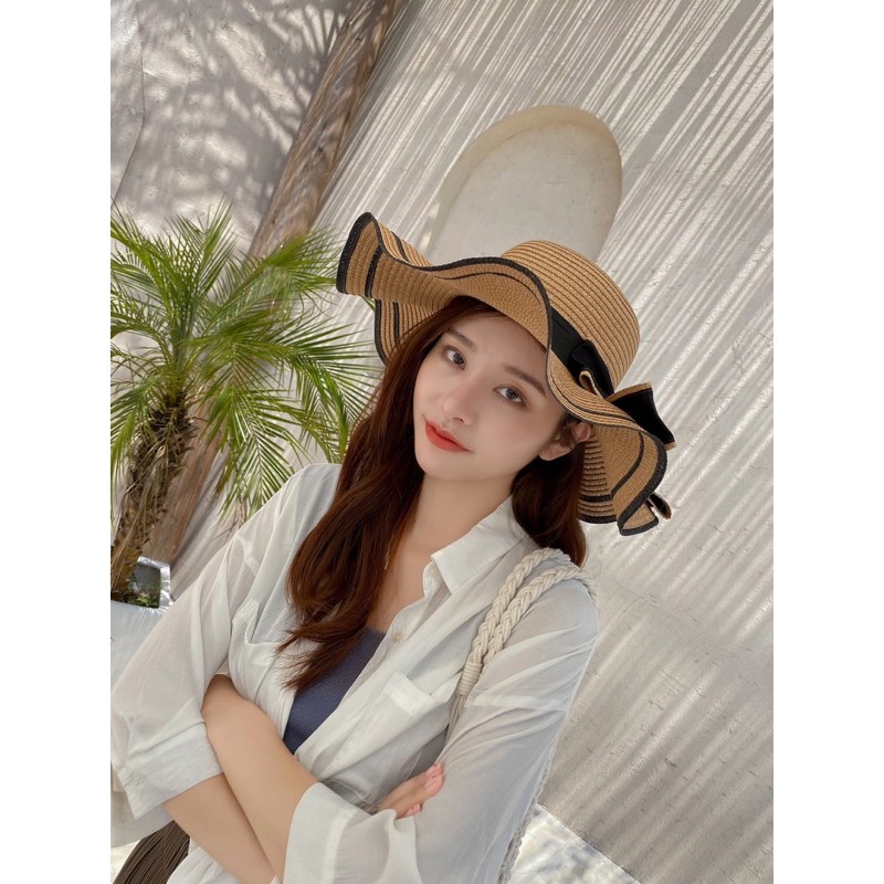 Nón cói đi biển nơ kép vành sóng siêu xinh