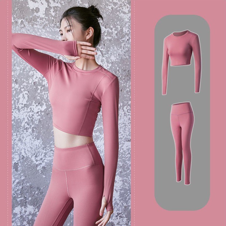 Set bộ đồ tập gym nữ màu hồng gồm áo và quần, co giãn tốt, ôm dáng, tôn body