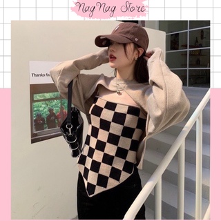 Set 2 món đồ gồm áo khoác choàng ngoài + áo yếm hai dây hình caro vạt chéo Nagnagstore chất vải nỉ tăm co giãn TL15