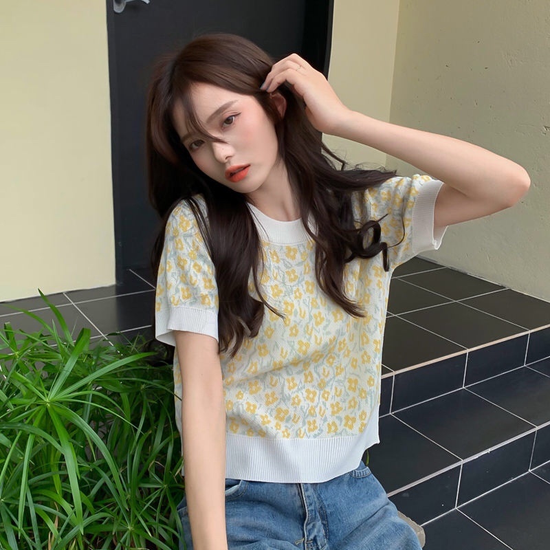 Áo thun ZHELIHANGFEI dệt kim ngắn tay in hoa xinh xắn thời trang