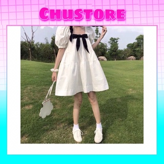 [NEW ITEM]Váy Babydoll Trắng Phối Nơ Đen CHUSTORE Nữ [FREESHIP] 🌸 Đầm tay bồng cổ vuông dáng xòe bánh bèo tiểu thư