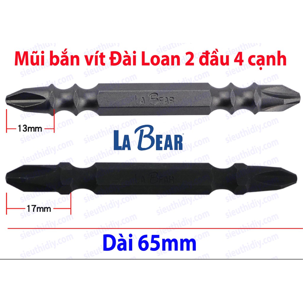 Mũi bắn vít Đài Loan Labear 2 đầu 4 cạnh dài 65mm